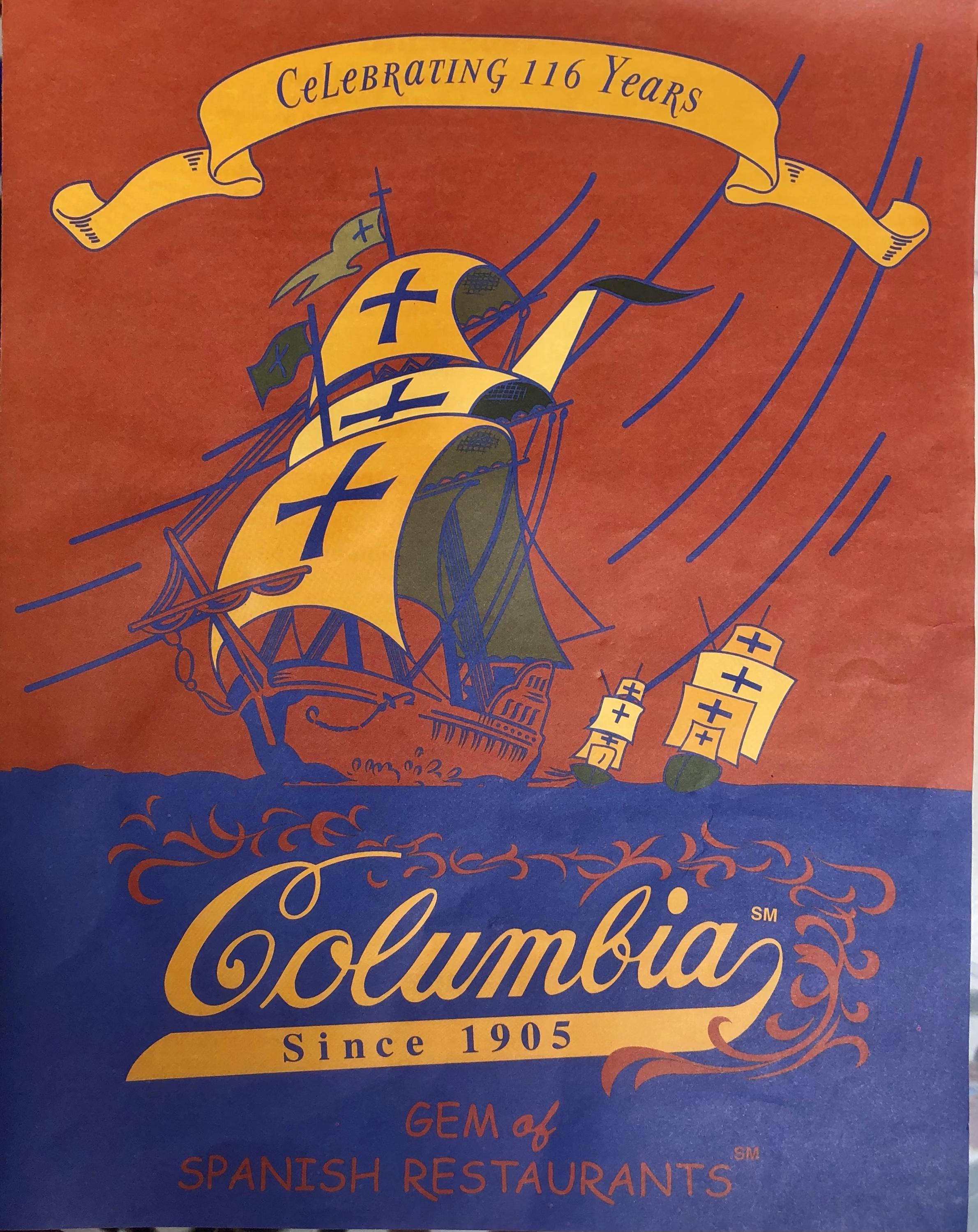 Menu with picture of a tall ship with Columbia - gem of Spanish restaurants written on